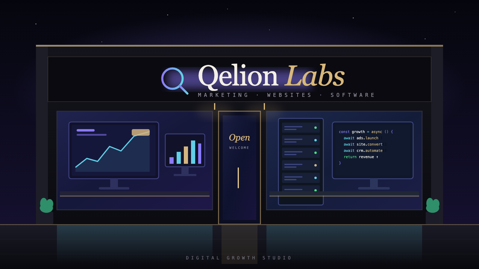 Illustration of the Qelion Labs studio storefront at night